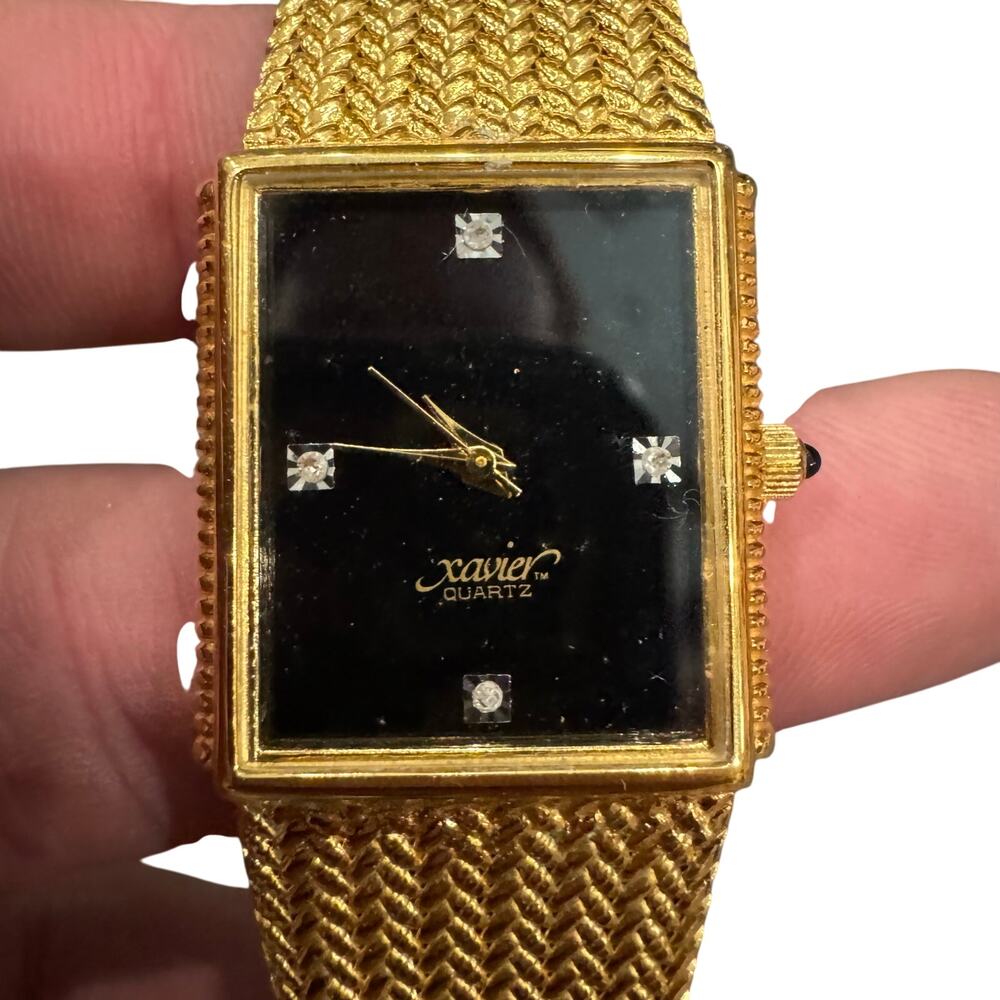 VTG Early 90s XAVIER Mens Tank Quartz Watch Goldtone Black Diamond Dial Untested